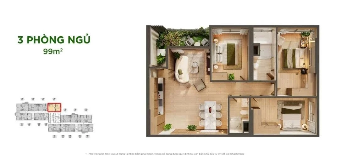Bản vẽ bóc mái chi tiết layout căn hộ 3 phòng ngủ diện tích 99m2 Sky Retreat