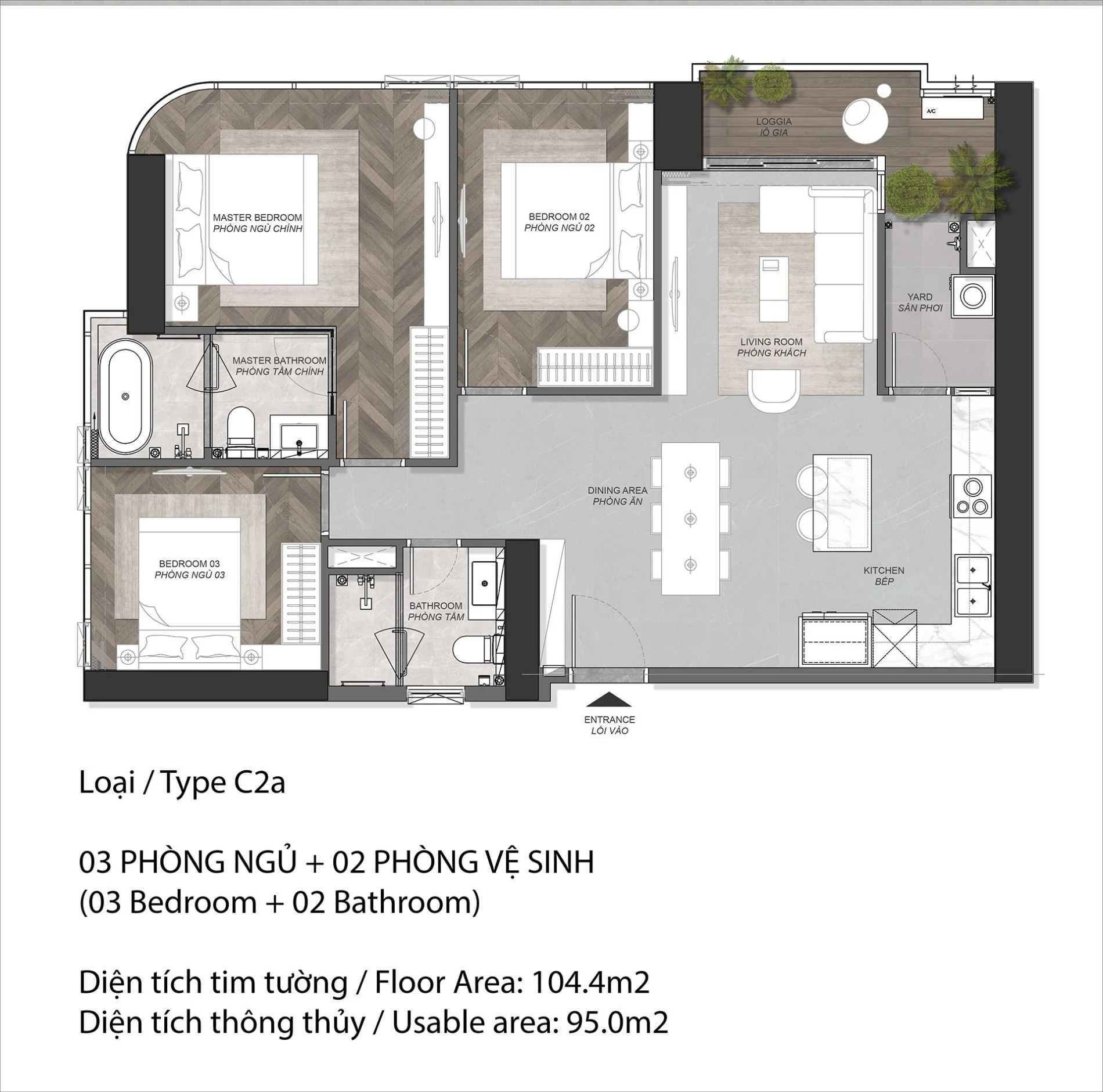 Mặt bằng căn góc 3 phòng ngủ C2a diện tích 104.4m2 tháp A5 Eaton Park