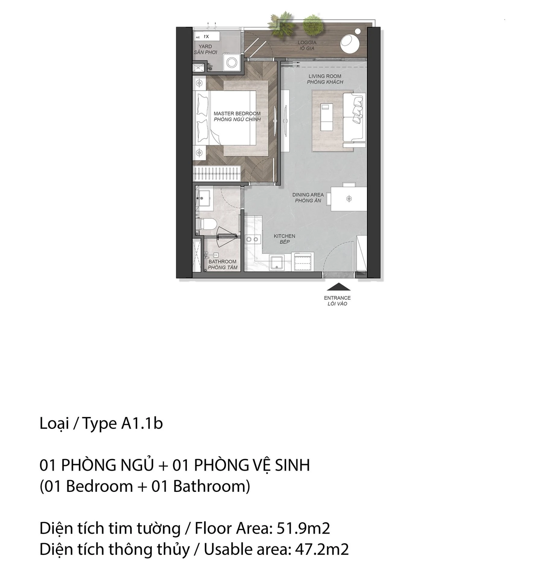 Mặt bằng chi tiết căn hộ 1PN loại A1.1b diện tích 51.9m2 dự án Eaton Park