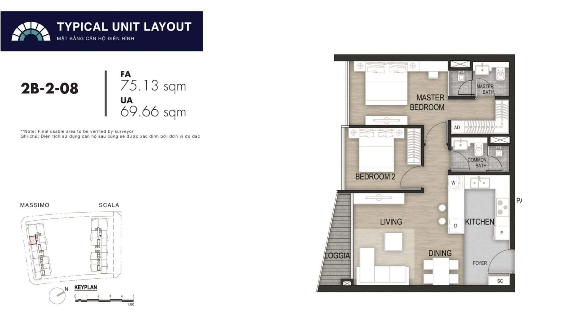 Bản vẽ layout căn hộ 2 phòng ngủ mã 2B-2-08 diện tích 75.13m2 tháp Massimo The Opera Residence