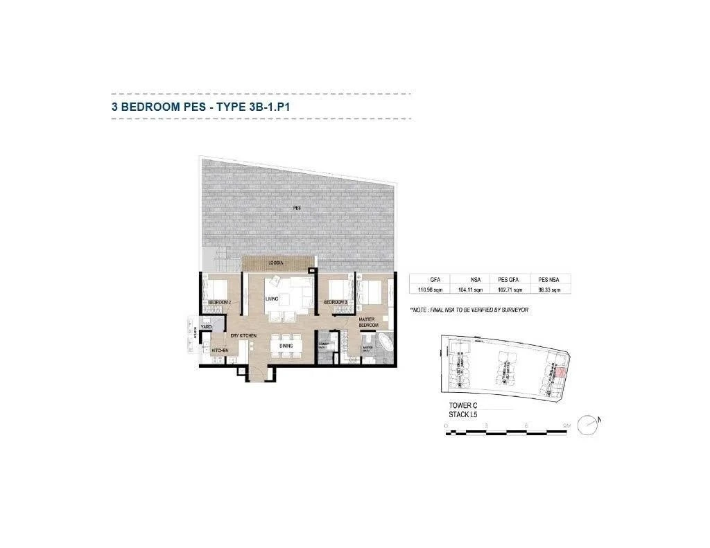 Bản vẽ thiết kế layout căn hộ 3 phòng ngủ PES Type 3B-1.P1 tại The Galleria Residence