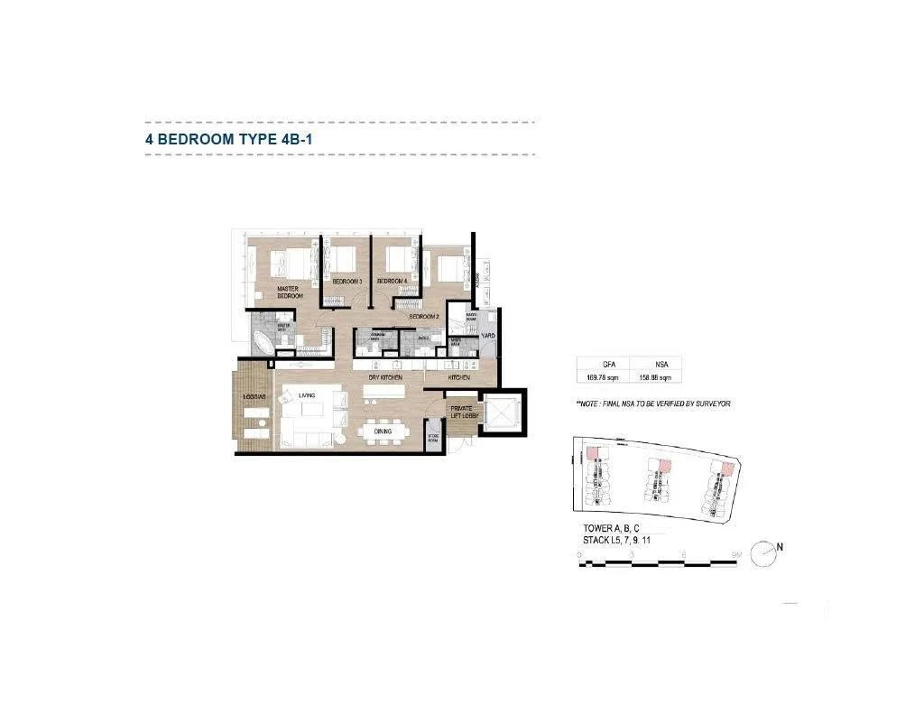Bản vẽ thiết kế layout căn hộ 4 phòng ngủ Type 4B-1 tại The Galleria Residence