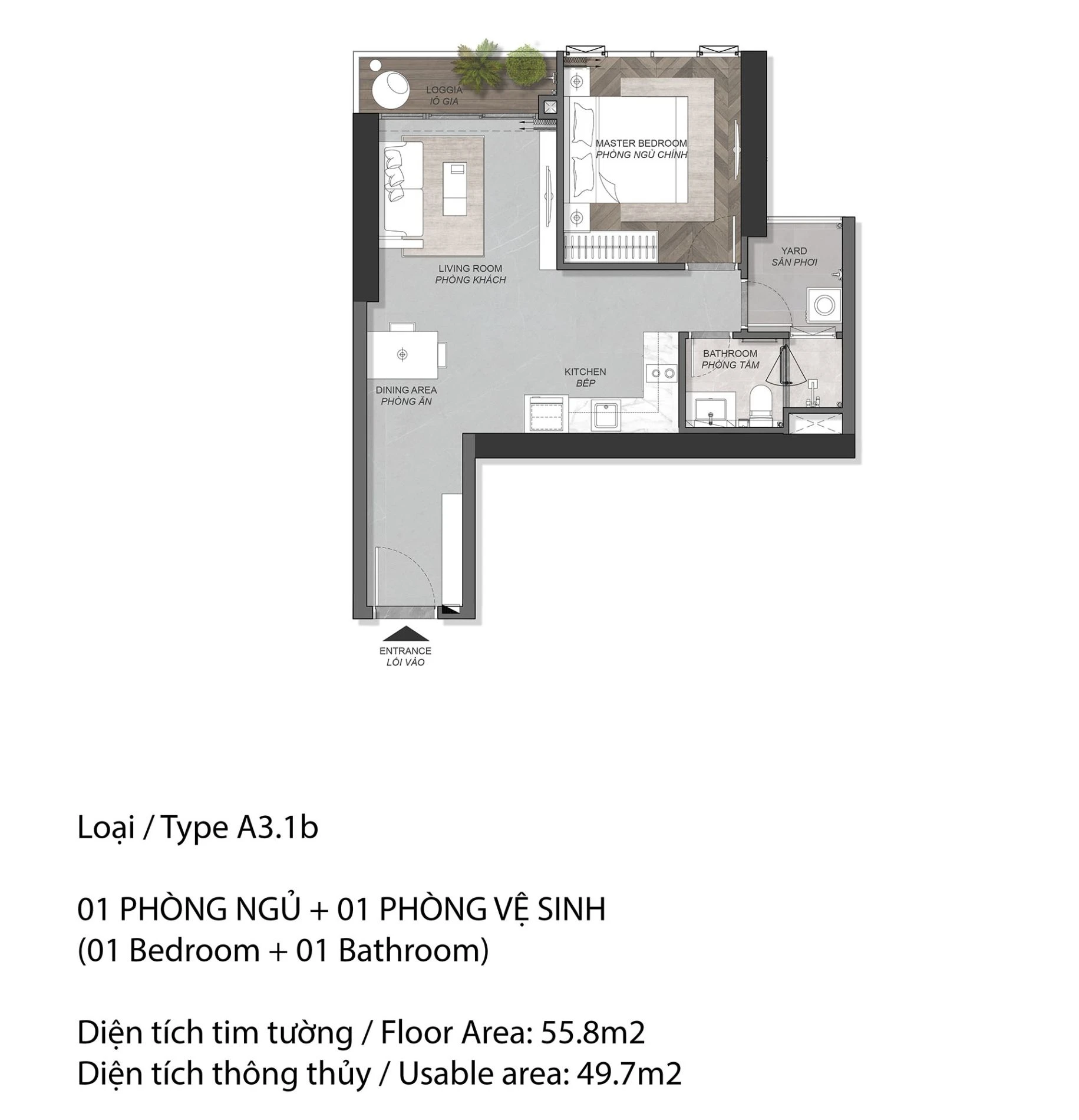 Mặt bằng căn hộ 1PN loại A3.1b diện tích 55.8m2 tại Eaton Park Gamuda Land