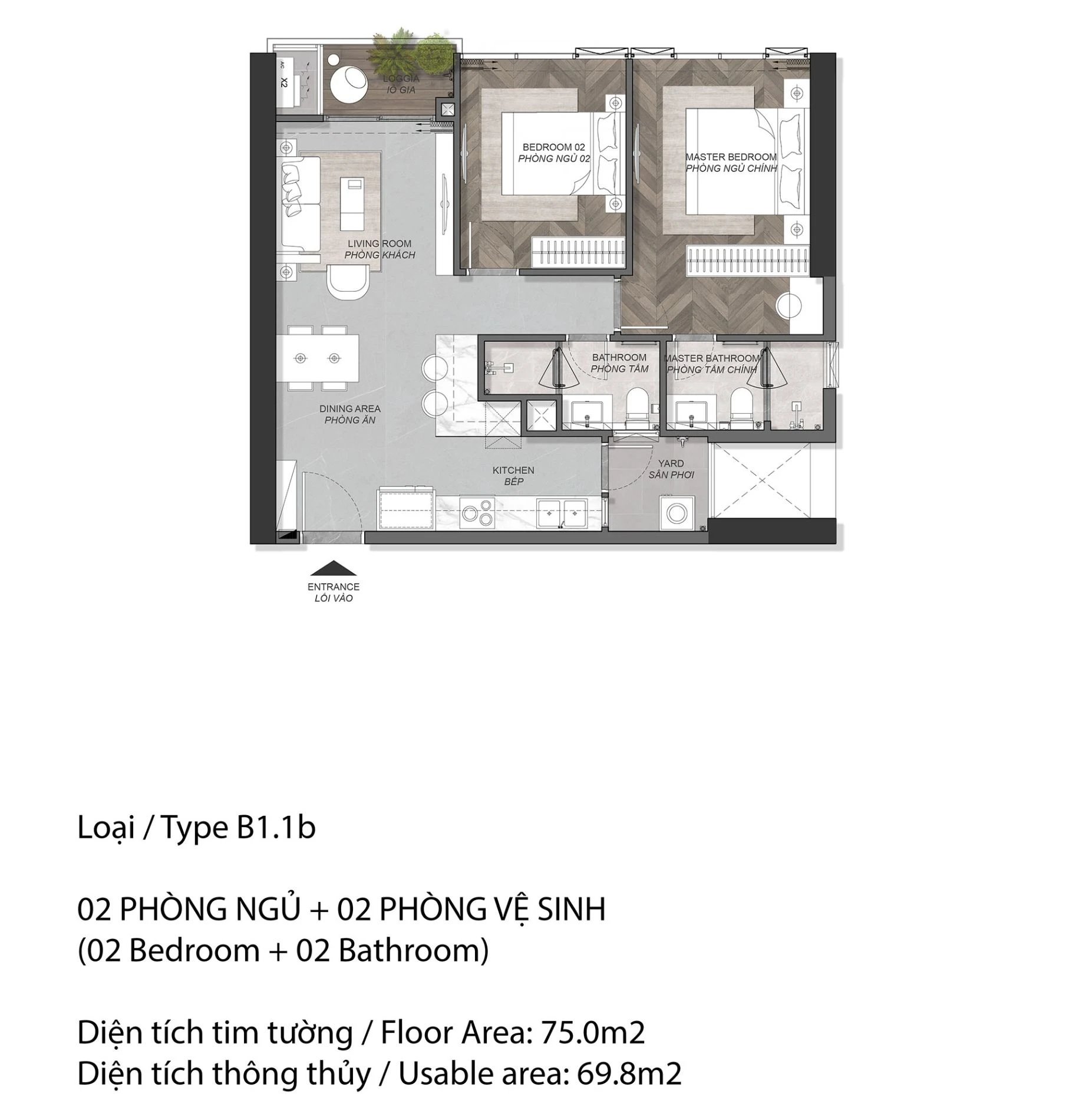 Thiết kế căn hộ 2PN loại B1.1b rộng 75.0m2 dự án Eaton Park