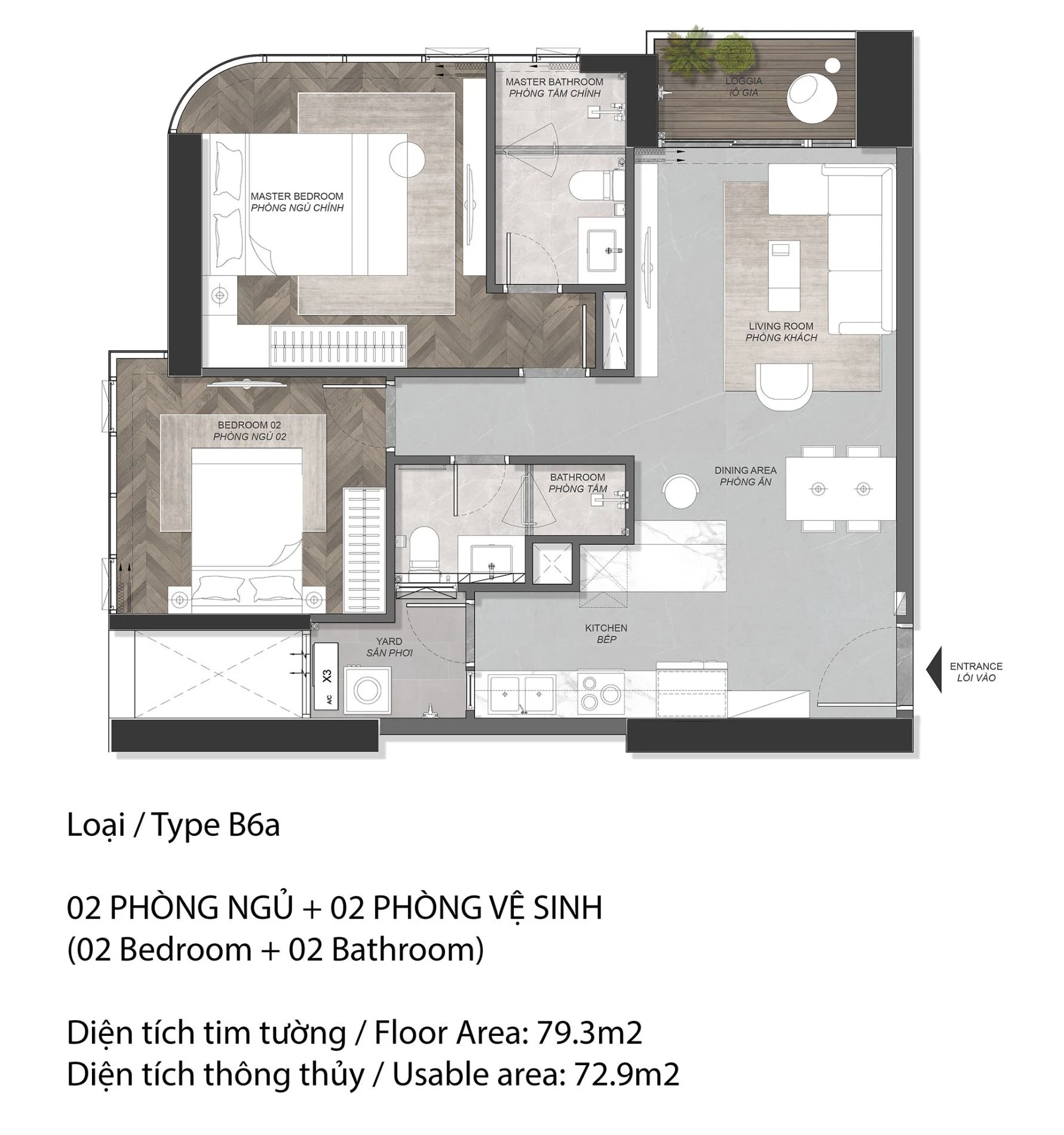 Thiết kế căn hộ 2 phòng ngủ lớn B6a diện tích 79.3m2 tháp A5 Eaton Park