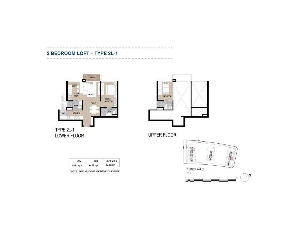 Bản vẽ thiết kế layout căn hộ 2 phòng ngủ Loft thông tầng Type 2L-1 tại The Galleria Residence
