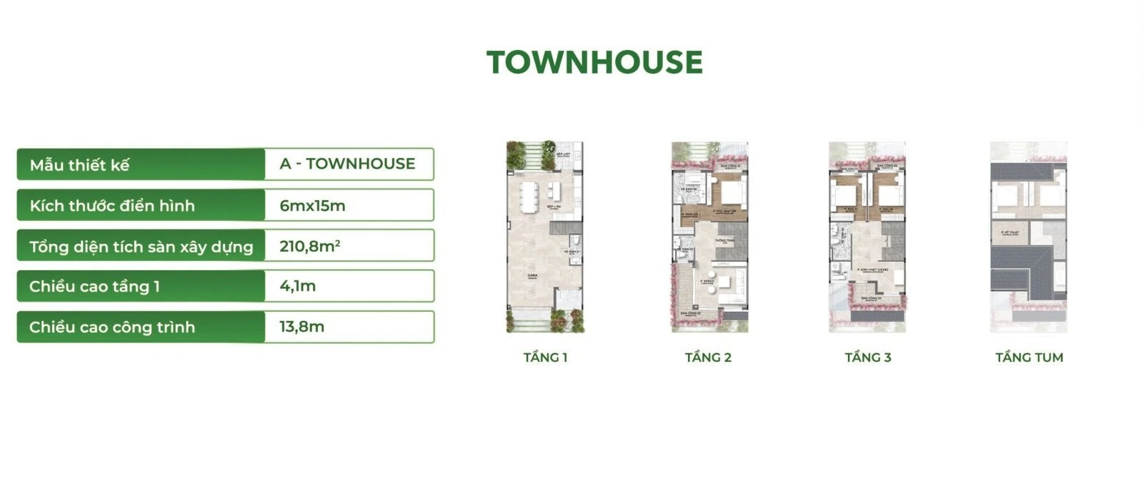 Chi tiết bản vẽ mặt bằng công năng các tầng của mẫu A Townhouse Rừng Mai diện tích 210,8m2