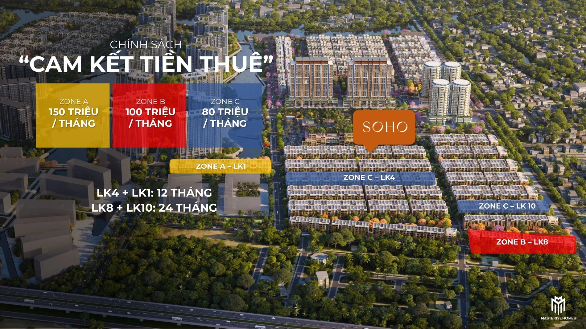 Bản đồ phân vùng chính sách cam kết tiền thuê từ 80 đến 150 triệu mỗi tháng tại Soho The Global City