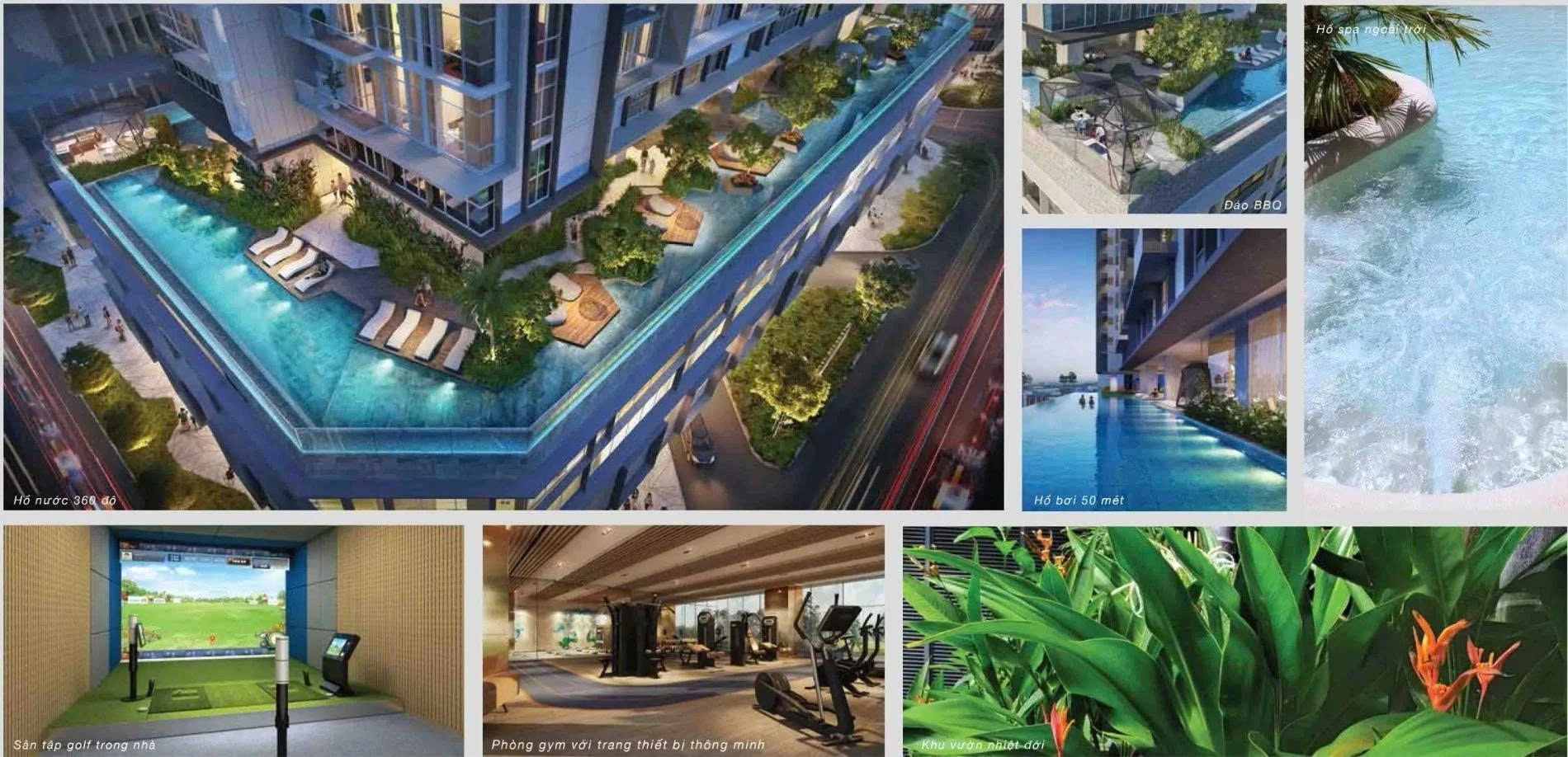 Hình ảnh tổng hợp các tiện ích nổi bật như hồ bơi, phòng gym, sân golf 3D tại The Galleria Residence