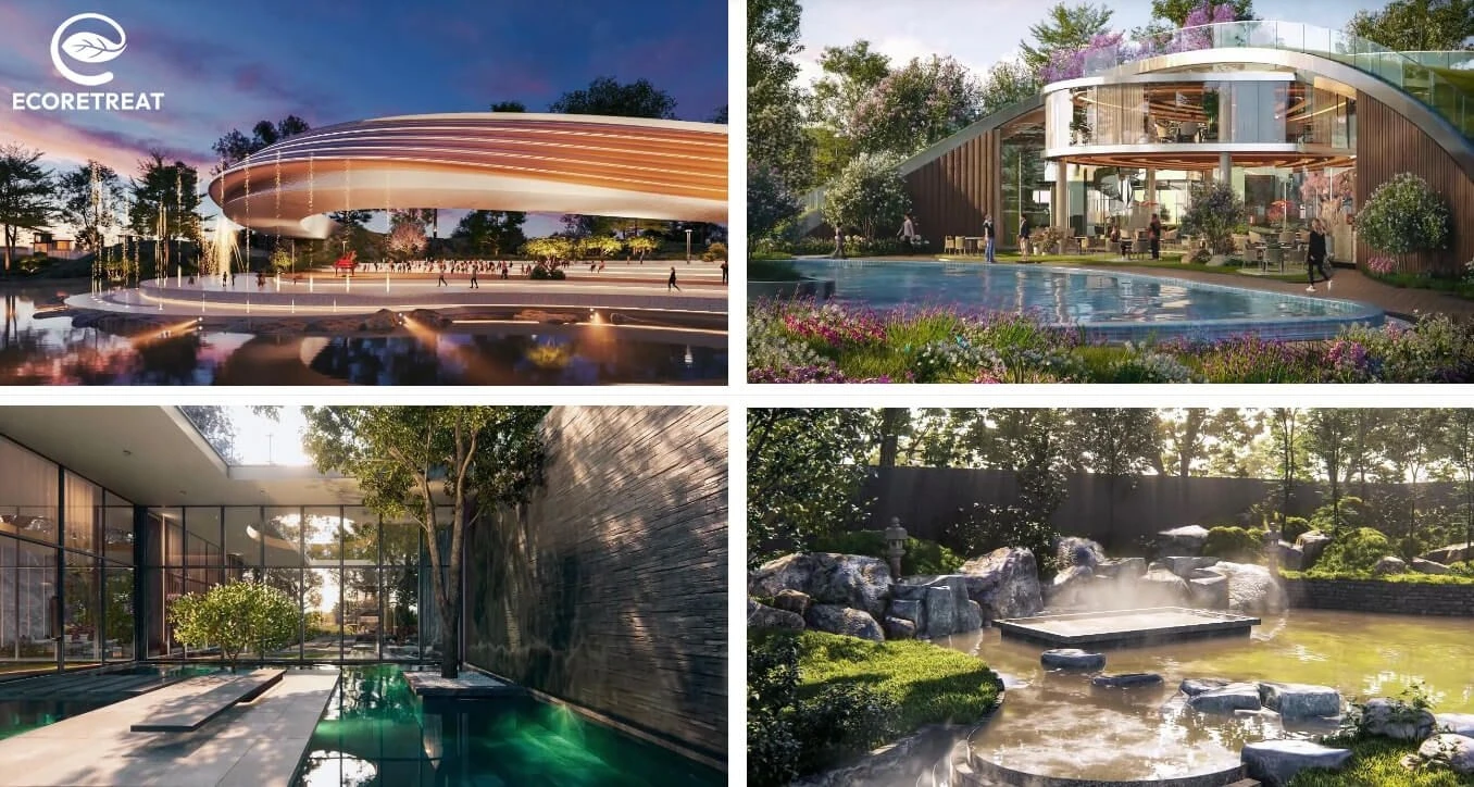 Các góc nhìn về kiến trúc độc bản, hồ bơi và khu tắm onsen tại dự án EcoRetreat.
