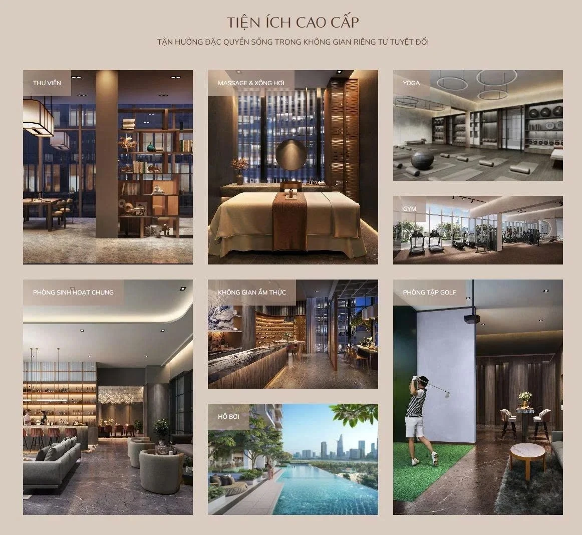 Tổng hợp các không gian tiện ích nội khu cao cấp như phòng gym, yoga, spa, thư viện tại The Metropole Thủ Thiêm