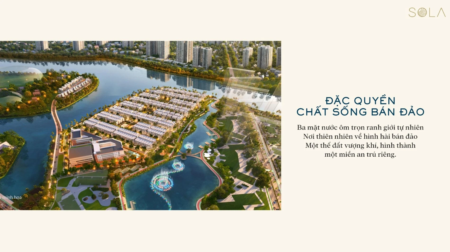 Góc nhìn từ trên cao cho thấy địa thế ba mặt giáp sông của phân khu Sola Đảo Ánh Dương