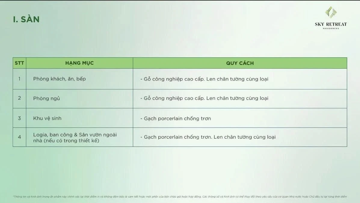 Chi tiết vật liệu bàn giao sàn gỗ công nghiệp và gạch porcelain tại căn hộ Sky Retreat.