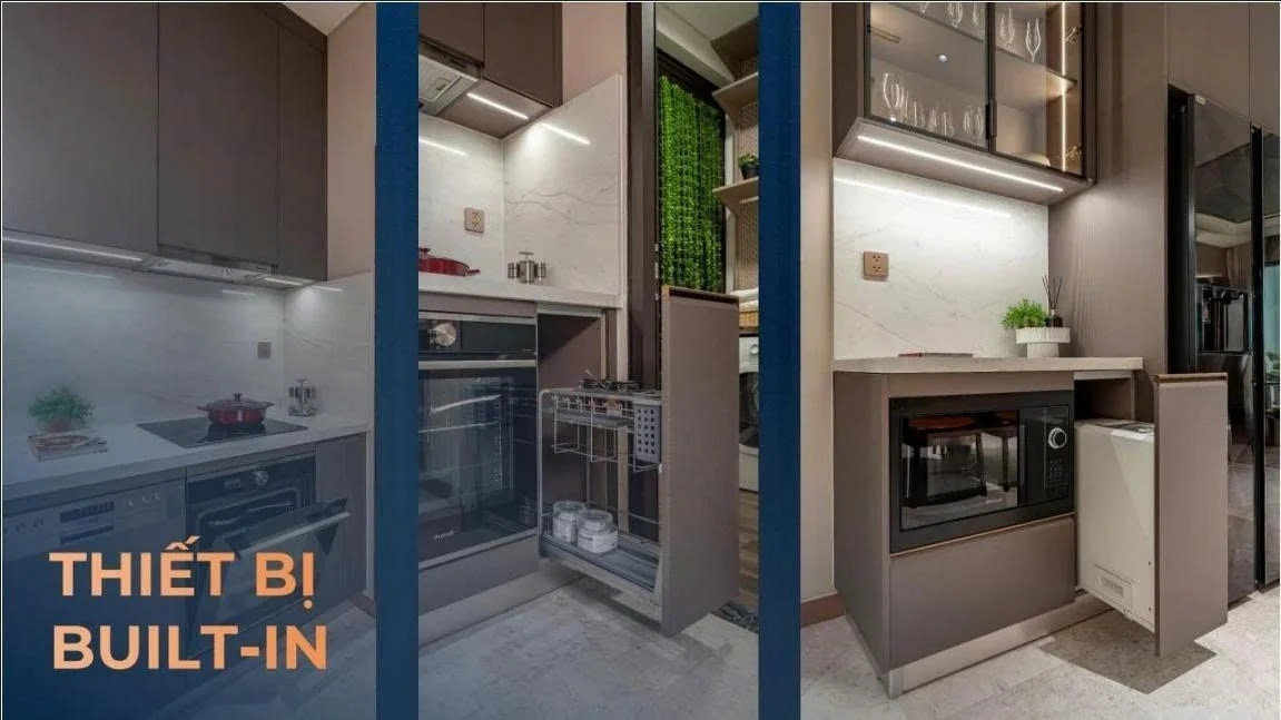 Thiết bị bếp built-in cao cấp bao gồm lò nướng và kệ gia vị tại The Privé Đất Xanh