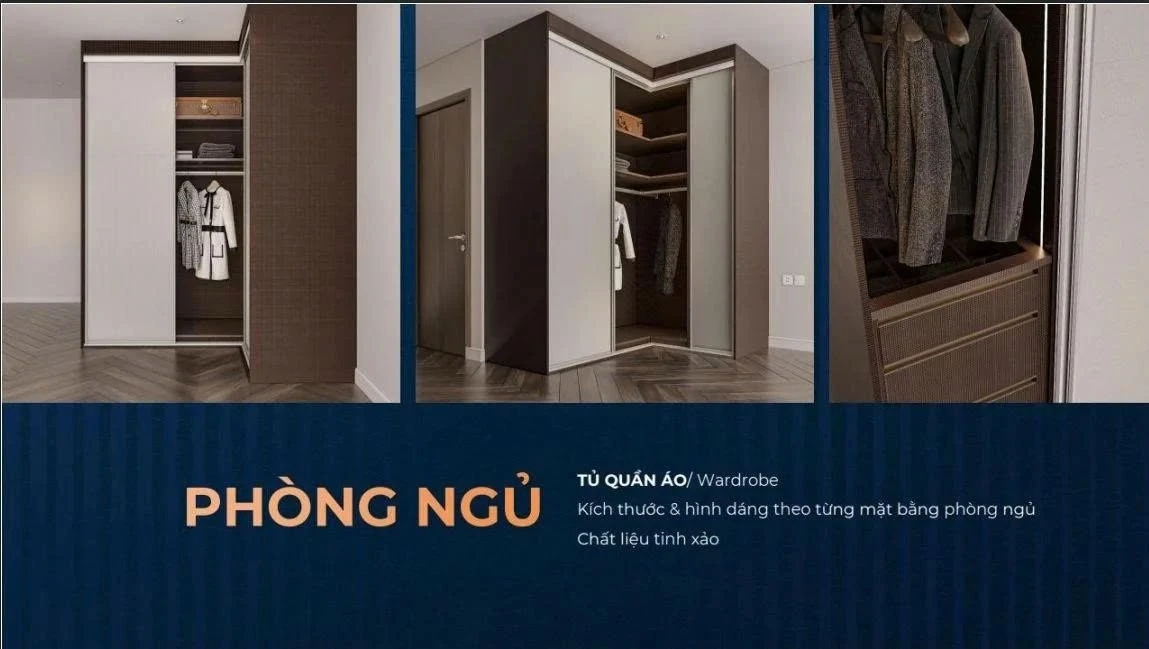 Thiết kế tủ quần áo chữ L kịch trần với cửa lùa thông minh tại phòng ngủ The Privé