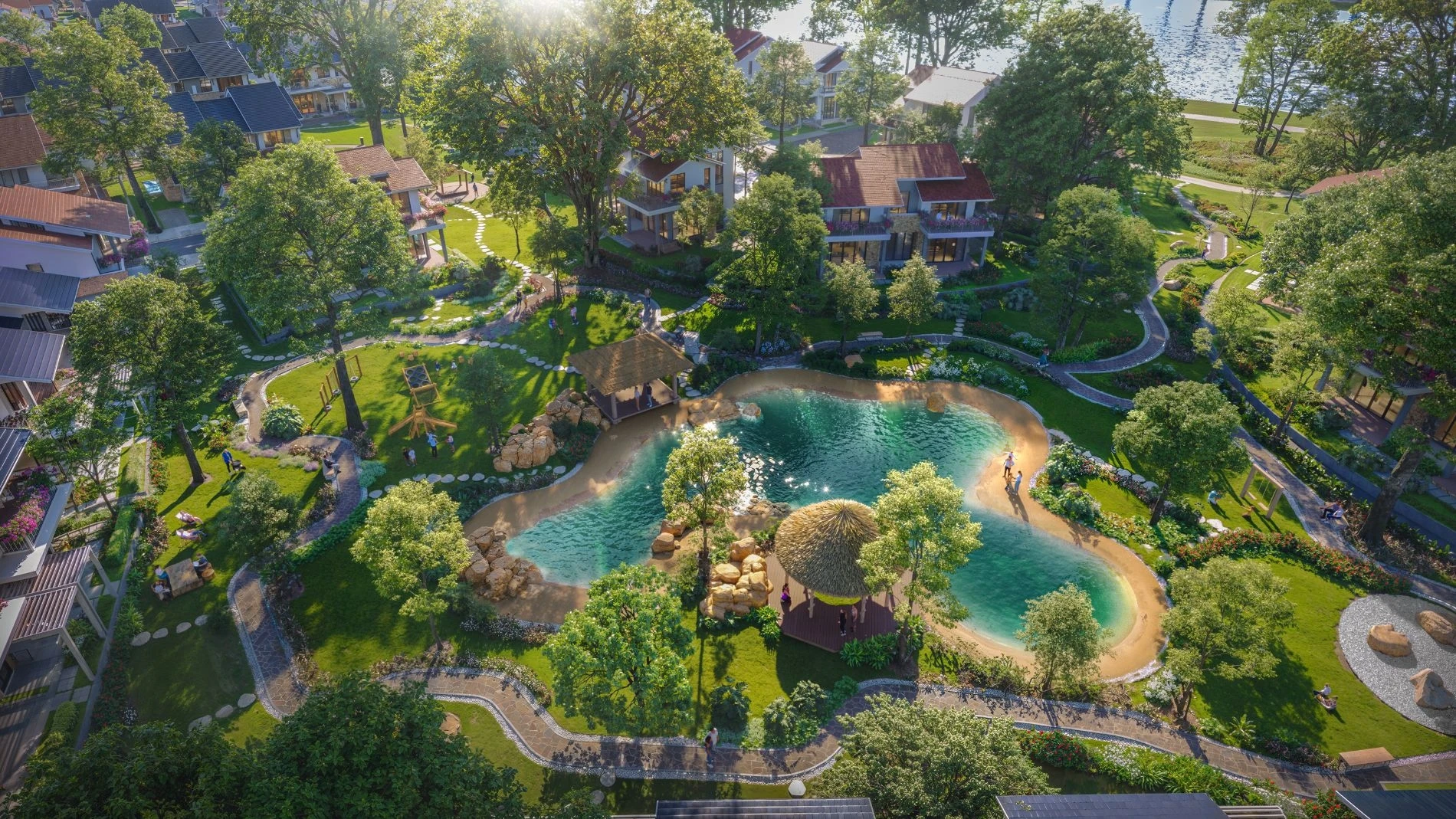 Góc nhìn từ trên cao xuống hồ bơi tự nhiên thiết kế theo phong cách bãi biển tại Retreat Forest