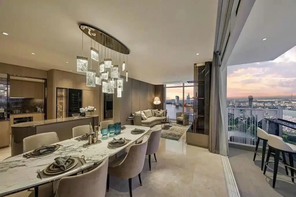 Không gian phòng khách The Opusk Residence bàn giao hoàn thiện liền tường với nội thất cao cấp