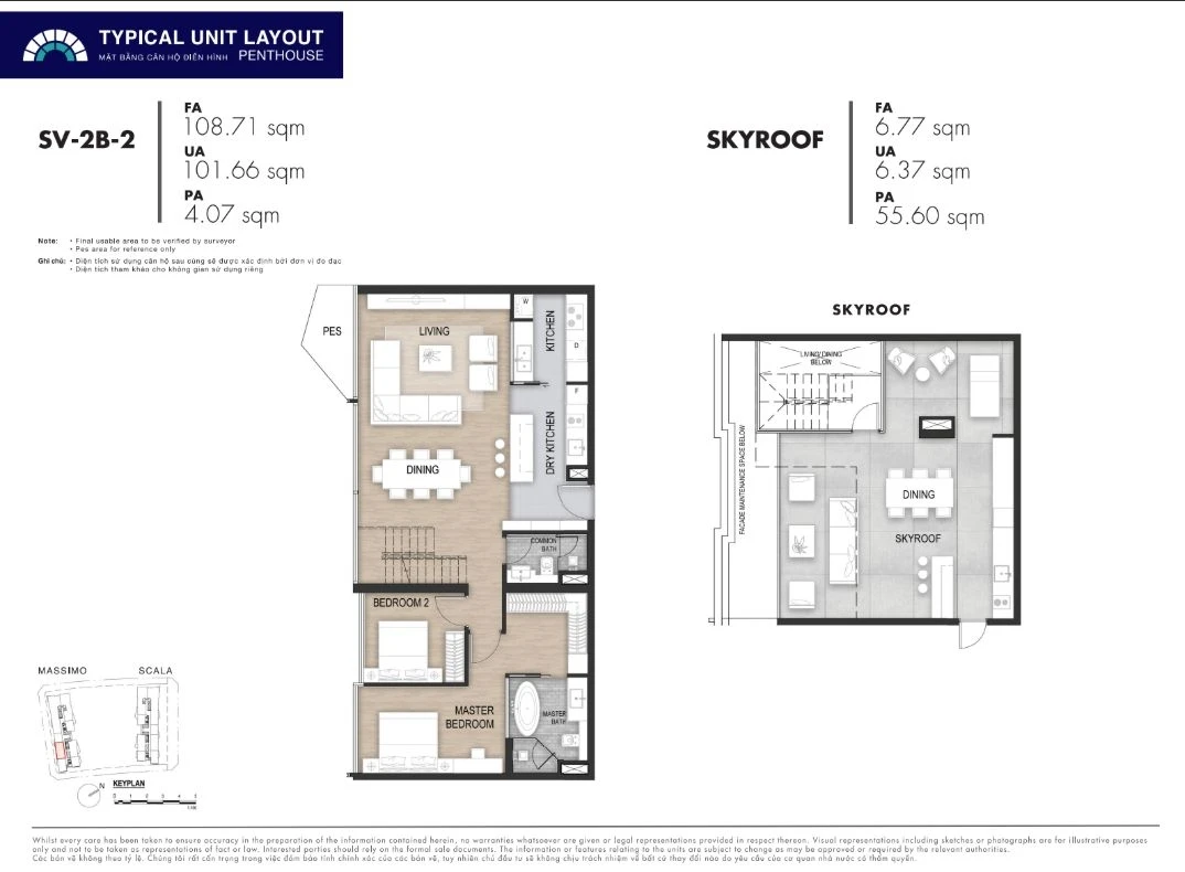 Thiết kế mặt bằng penthouse 2 phòng ngủ SV-2B-2 dự án The Opera Residence