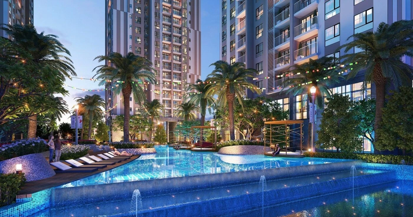Khu vực hồ bơi Lumina được thắp sáng rực rỡ vào ban đêm