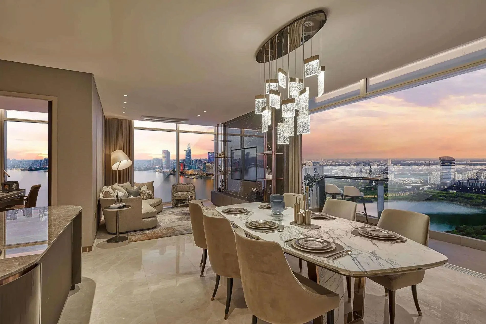 Khu vực bàn ăn The Opusk Residence trang bị nội thất nhập khẩu