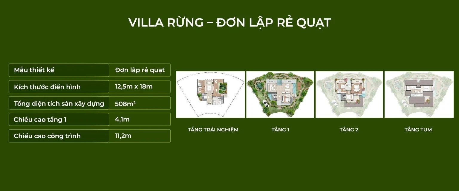 Bản vẽ mặt bằng kiến trúc Villa Rừng đơn lập hình rẻ quạt diện tích 508m2 tại dự án Retreat Forest