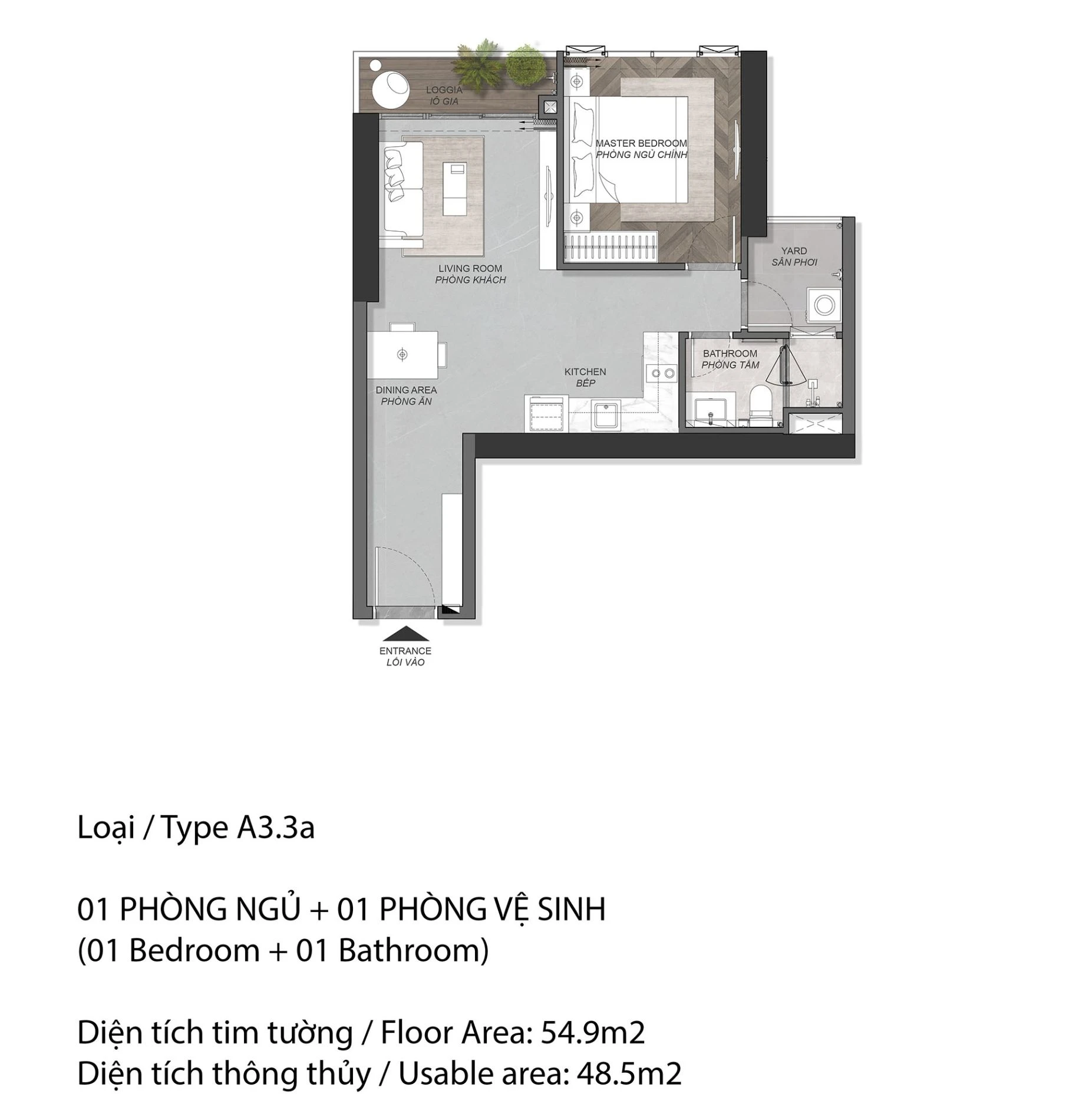 Bản vẽ căn hộ 1 phòng ngủ loại A3.3a rộng 54.9m2 tháp A5 Eaton Park