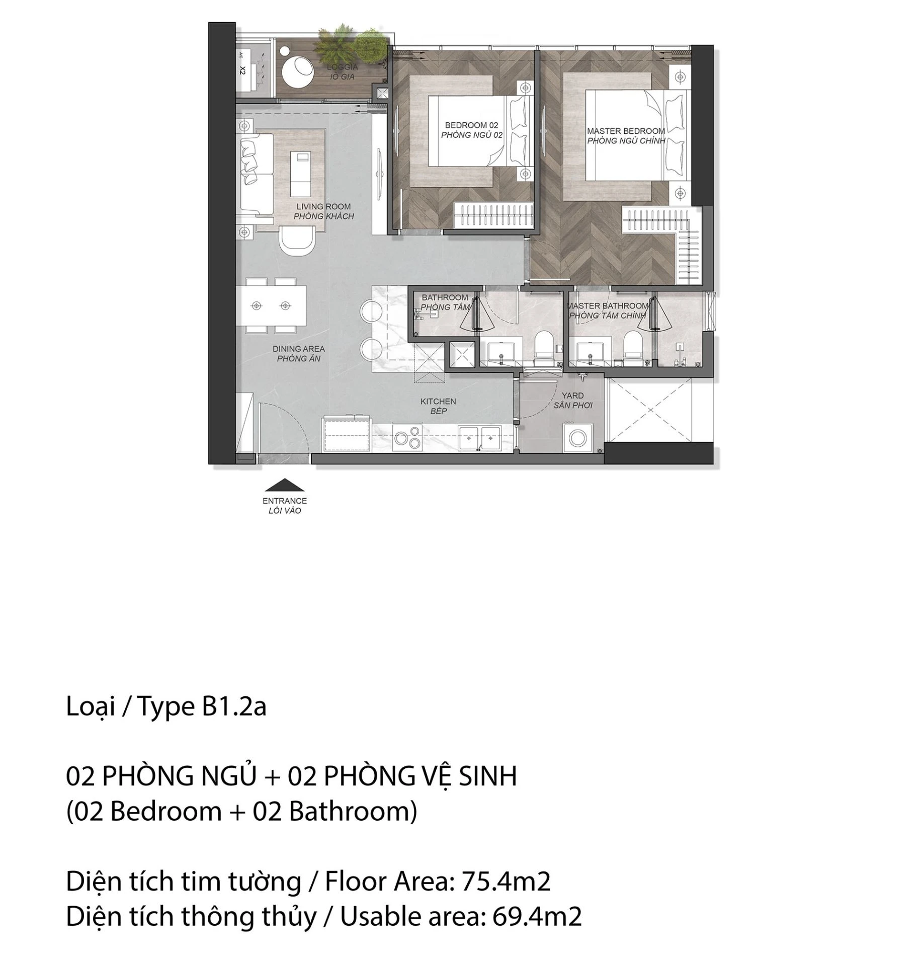 Thiết kế căn hộ 2PN loại B1.2a diện tích 75.4m2 Eaton Park Gamuda Land