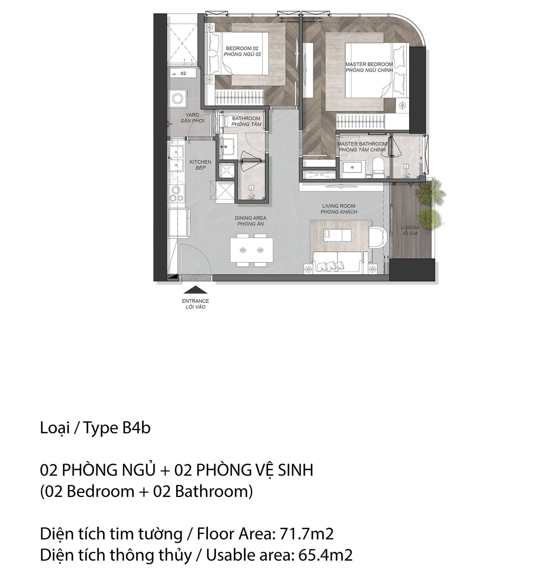 Thiết kế căn hộ 2 phòng ngủ B4b diện tích 71.7m2 tháp A5 Eaton Park