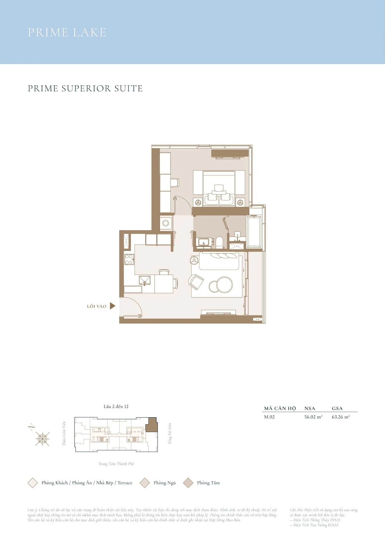 Bản vẽ layout căn hộ 1 phòng ngủ Prime Superior Suite mã M.02 diện tích 63.26m2 tòa Lake