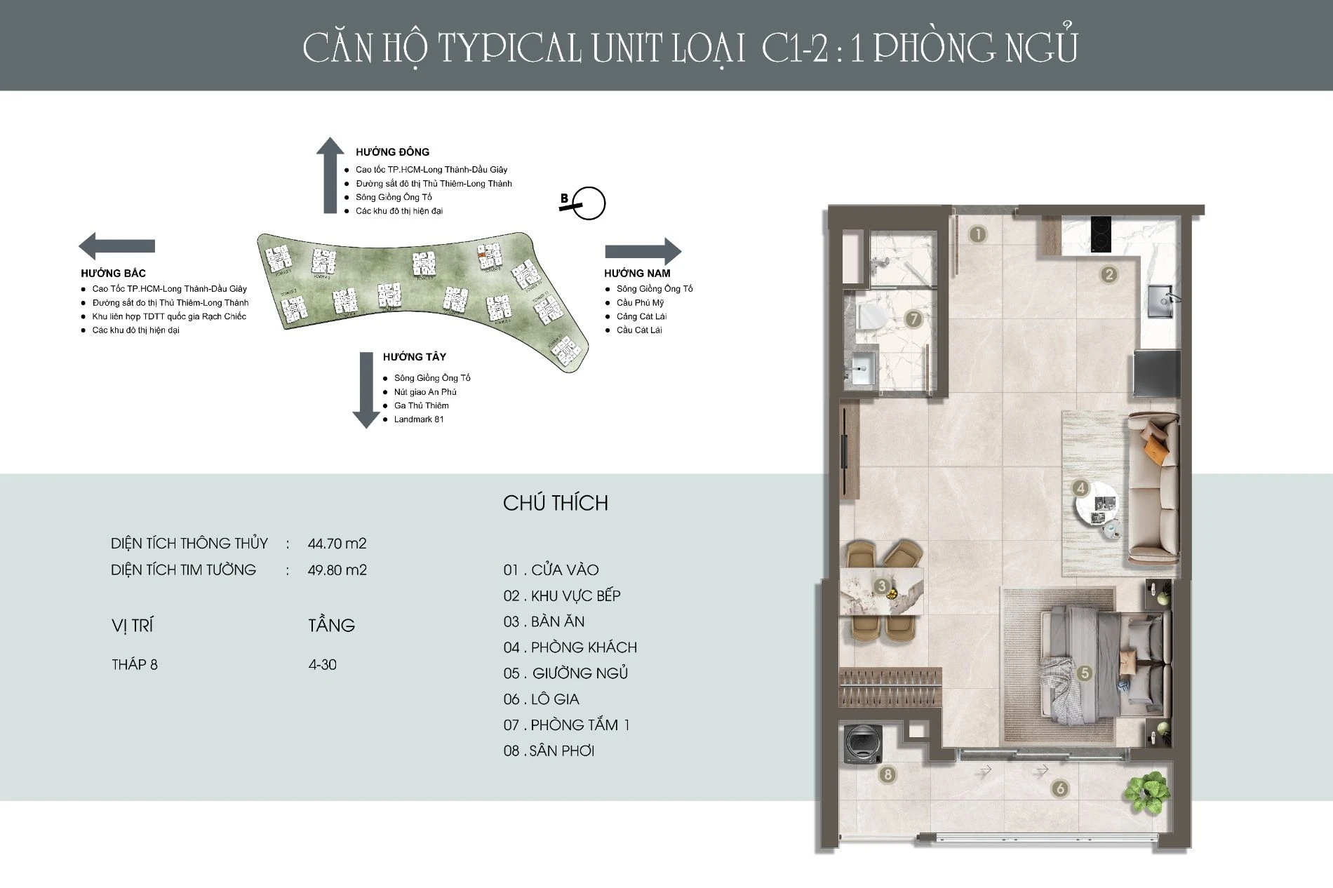 Layout thiết kế căn hộ 1 phòng ngủ C1-2 diện tích 49.8m2 The Privé