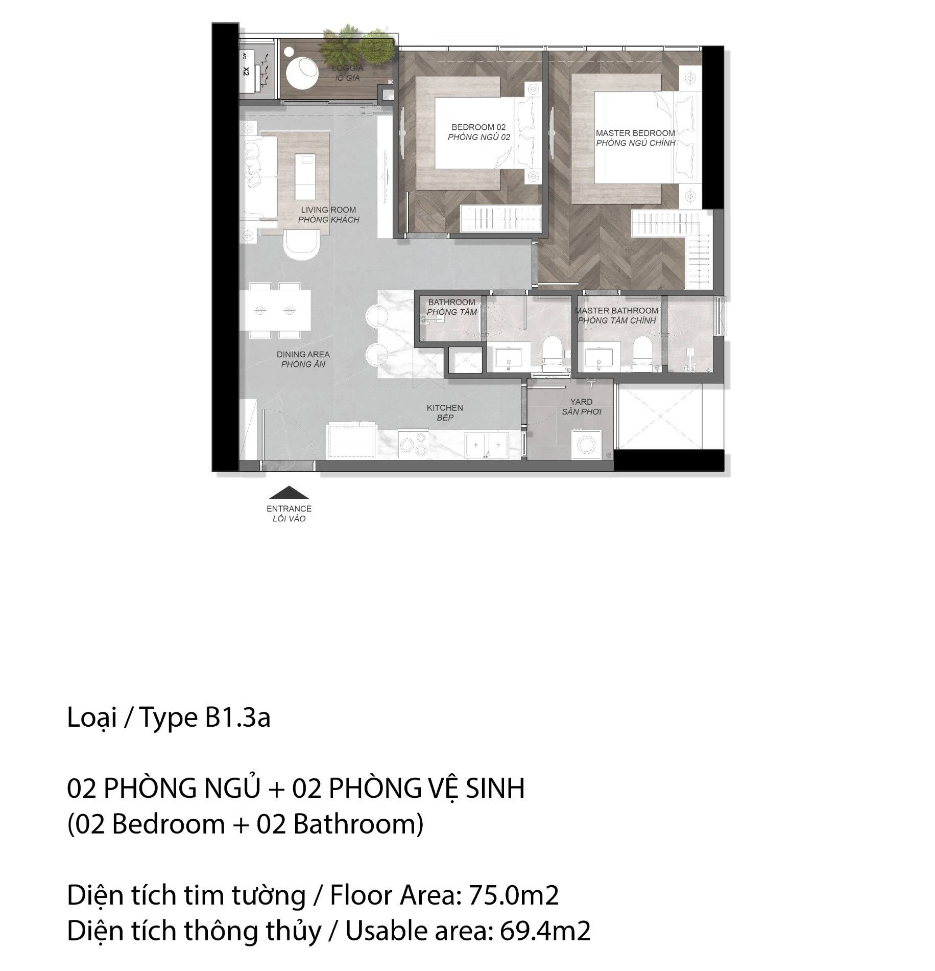 Bản vẽ layout thiết kế căn hộ 2 phòng ngủ loại B1.3a diện tích 75.0m2 Tháp A1 Eaton Park