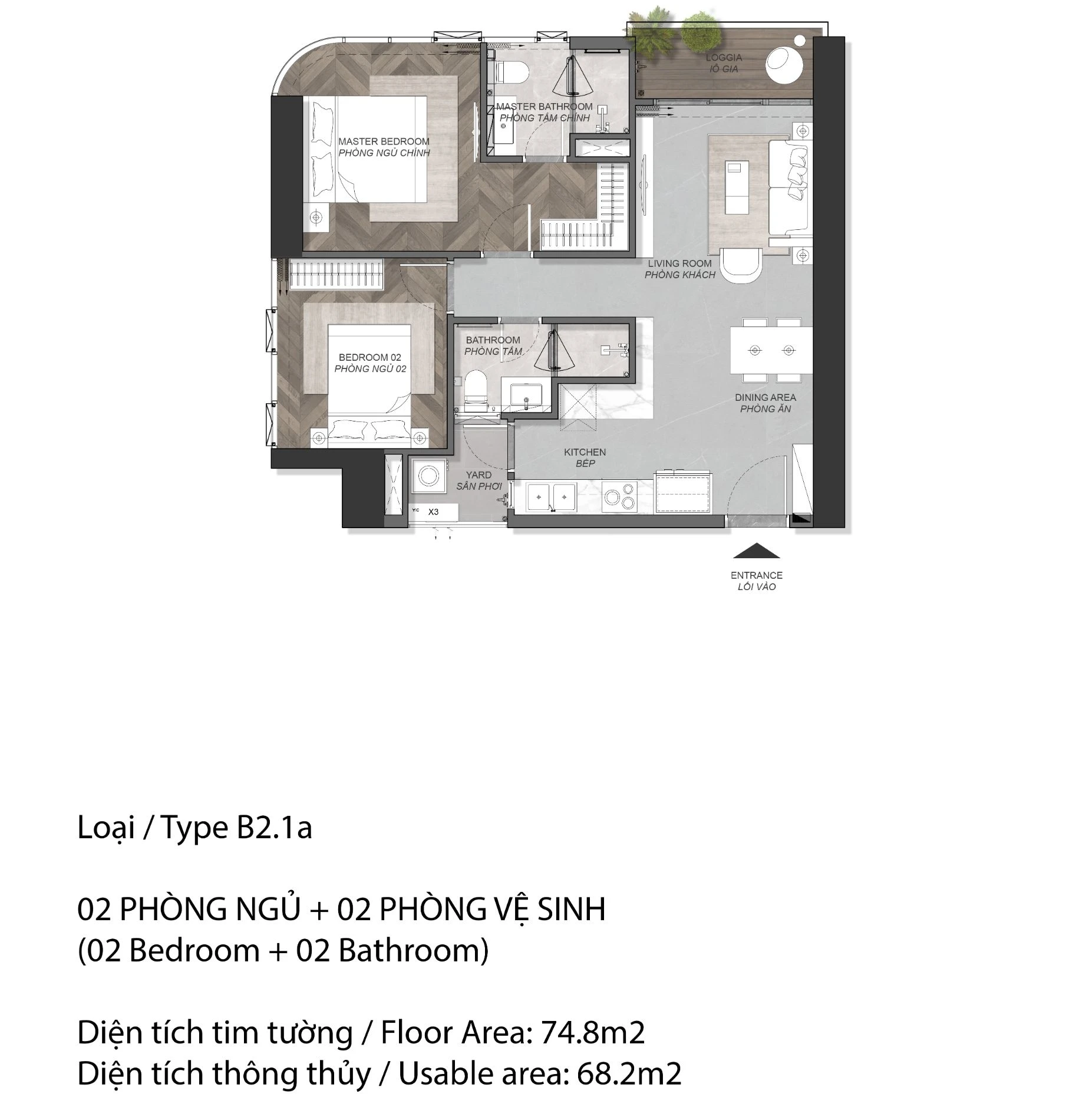 Bản vẽ layout thiết kế căn hộ 2 phòng ngủ loại B2.1a diện tích 74.8m2 Tháp A1 Eaton Park