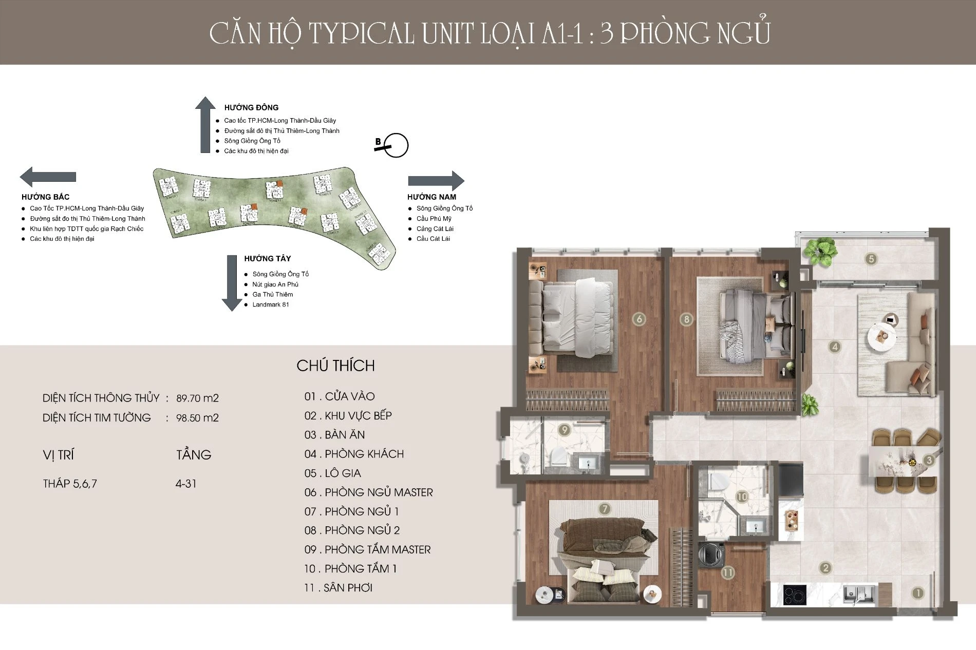 Layout thiết kế căn hộ 3 phòng ngủ loại A1-1 dự án The Privé Đất Xanh