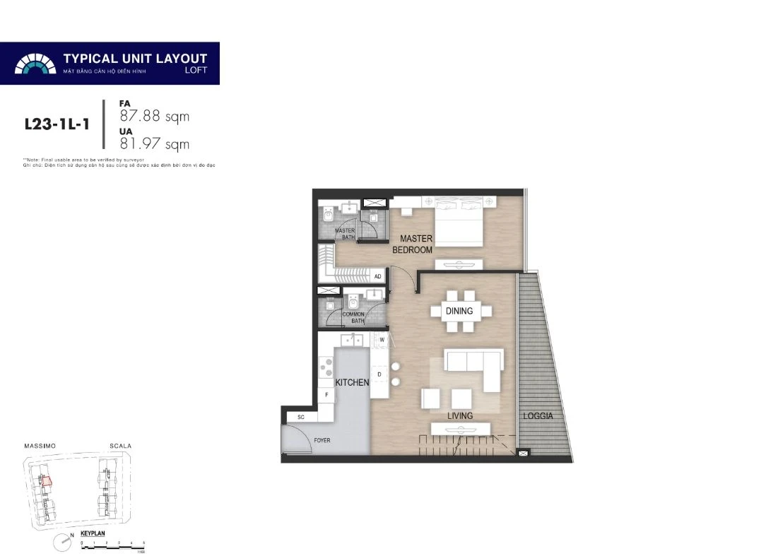 Mặt bằng layout căn hộ Loft 1 phòng ngủ mã L23-1L-1 dự án The Opera Residence