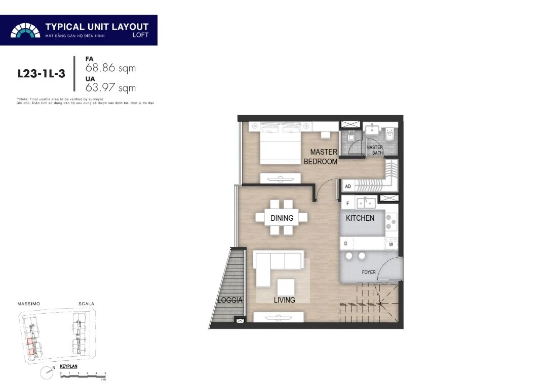 Mặt bằng layout căn hộ Loft 1 phòng ngủ mã L23-1L-3 dự án The Opera Residence