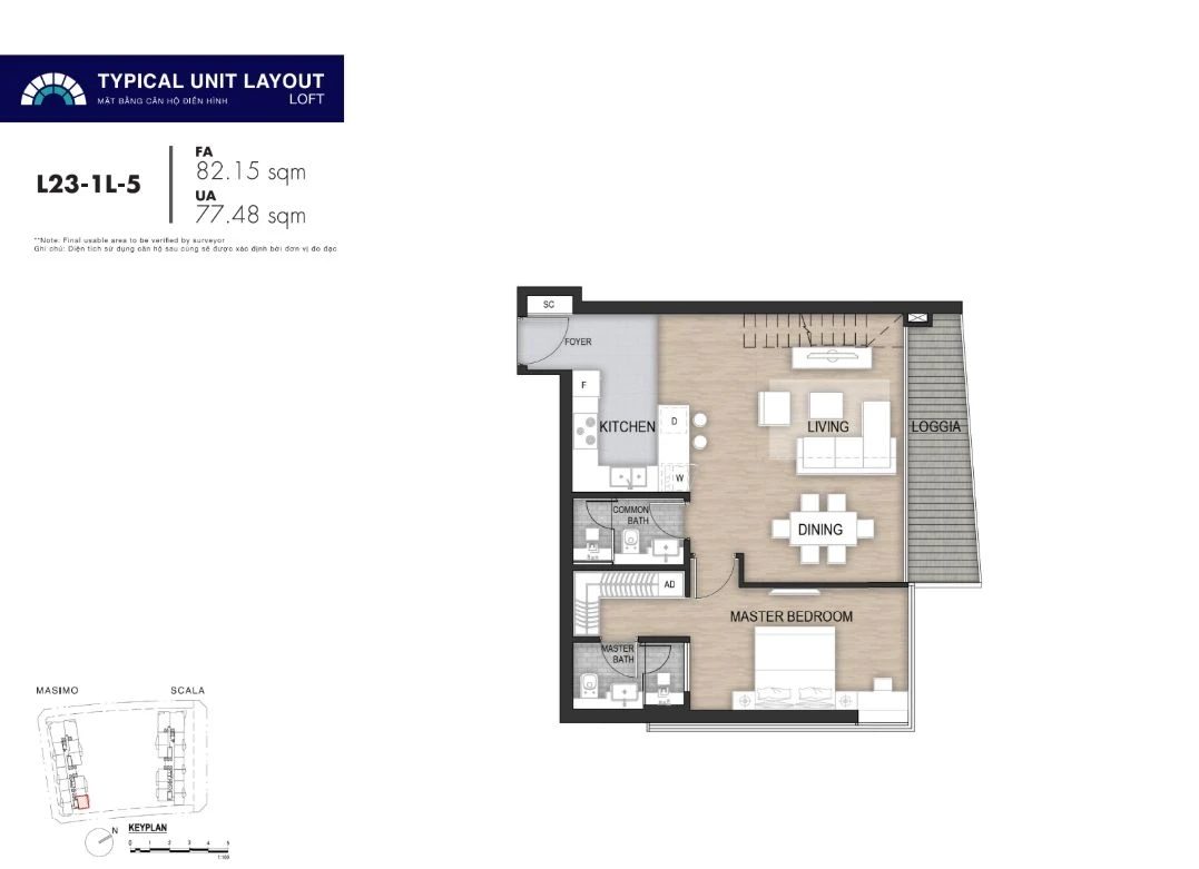 Mặt bằng layout căn hộ Loft 1 phòng ngủ mã L23-1L-5 dự án The Opera Residence
