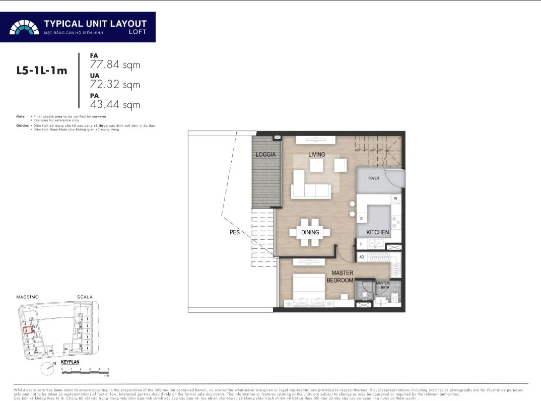 Mặt bằng layout căn hộ Loft 1 phòng ngủ mã L5-1L-1m dự án The Opera Residence