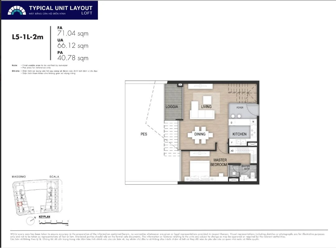 Mặt bằng layout căn hộ Loft 1 phòng ngủ mã L5-1L-2m dự án The Opera Residence