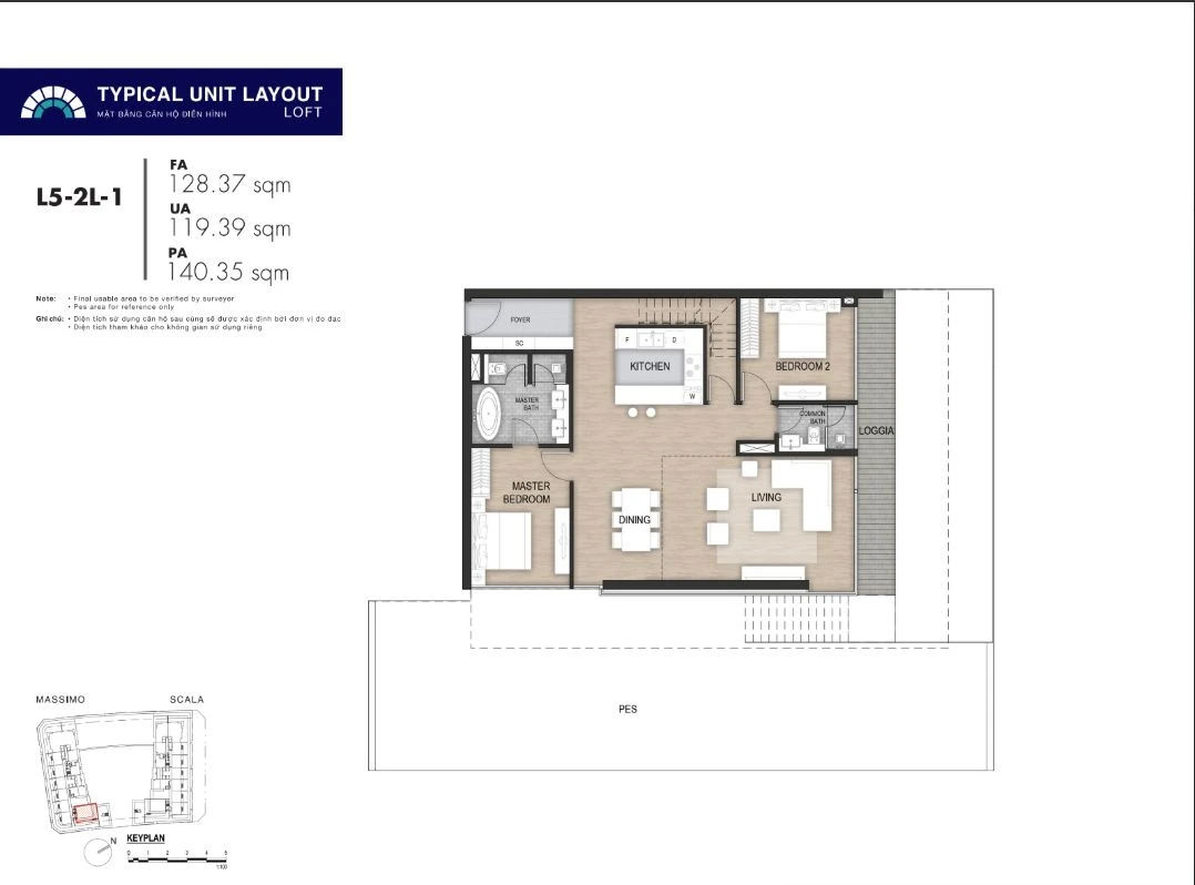 Mặt bằng layout căn hộ Loft 2 phòng ngủ mã L5-2L-1 dự án The Opera Residence