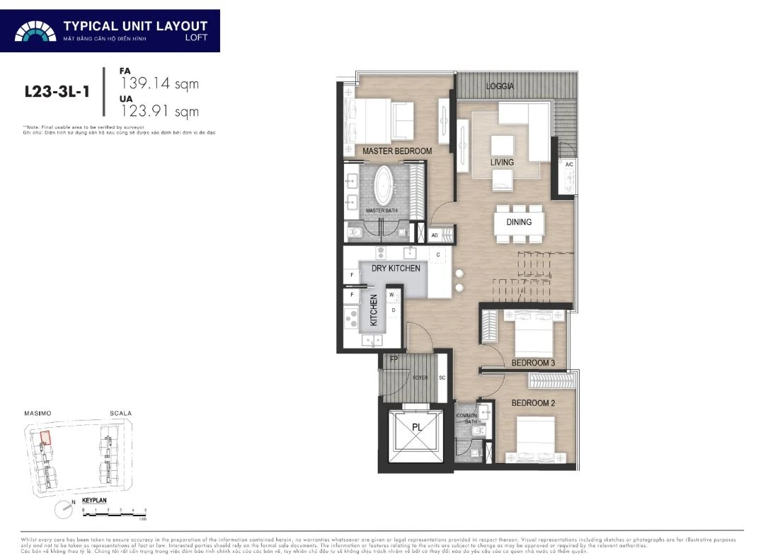 Mặt bằng layout căn hộ Loft 3 phòng ngủ mã L23-3L-1 dự án The Opera Residence