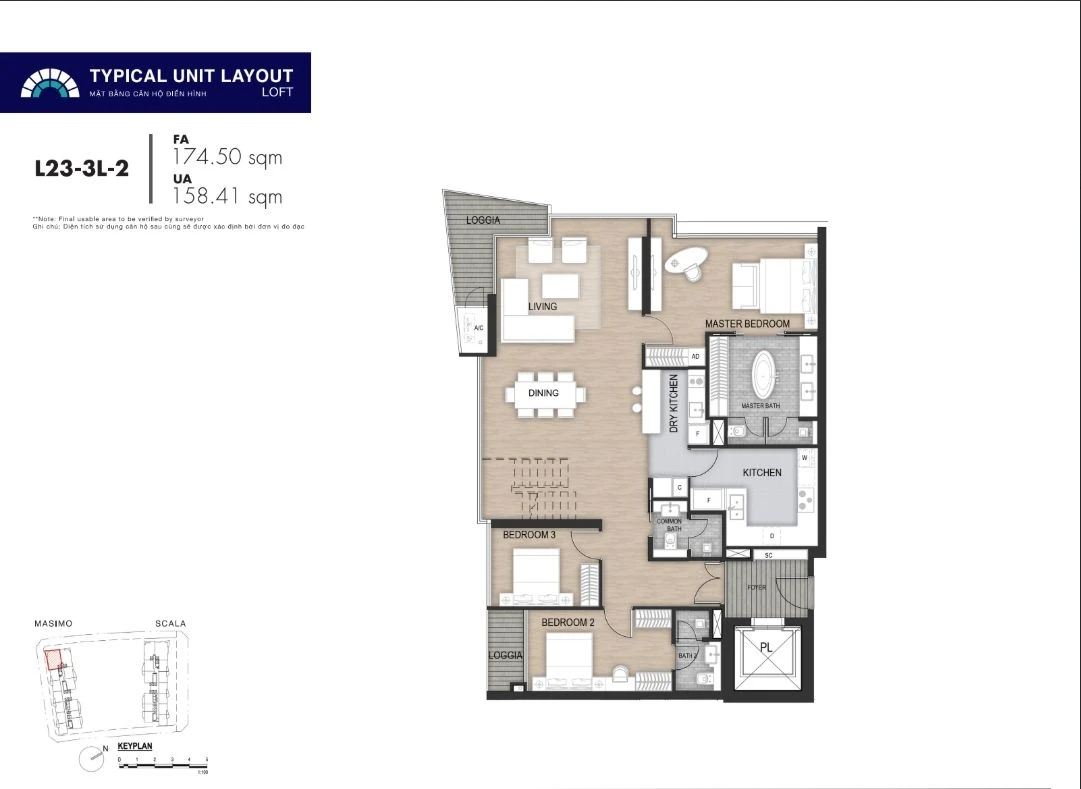Mặt bằng layout căn hộ Loft 3 phòng ngủ mã L23-3L-2 dự án The Opera Residence