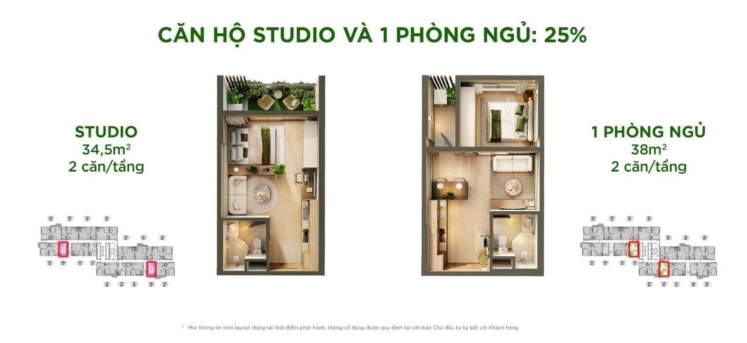 Bản vẽ thiết kế layout căn hộ Studio 34.5m2 và 1 phòng ngủ 38m2 tại dự án Sky Retreat