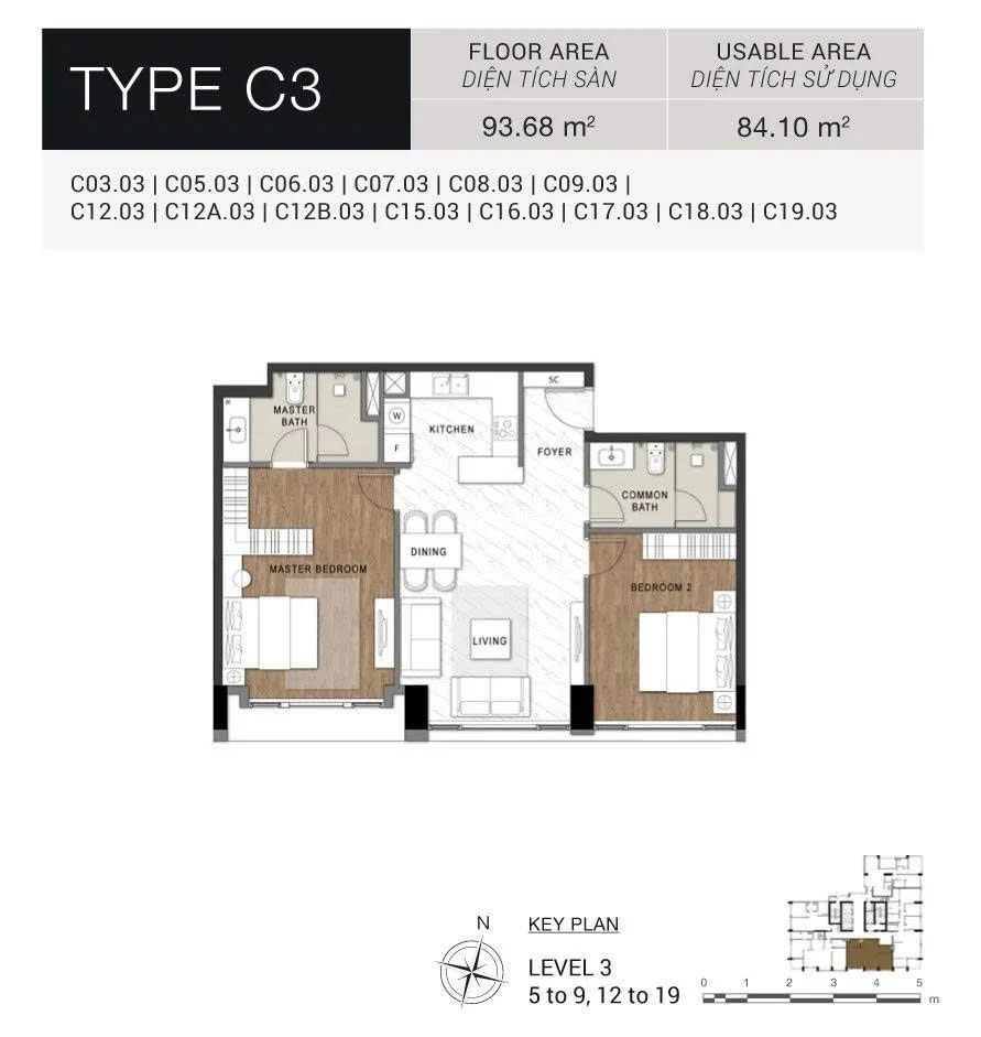 Thiết kế mặt bằng căn hộ The Berkley Thảo Điền loại C3 diện tích 93.68m2