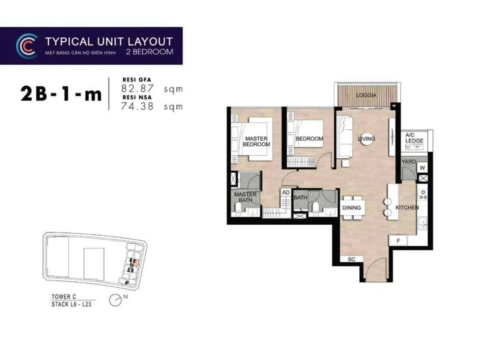Layout chi tiết căn hộ 2 phòng ngủ 2B-1-m The Metropole Thủ Thiêm
