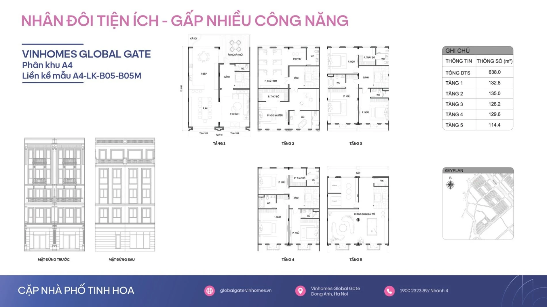 Bản vẽ thiết kế mặt bằng tầng 1 đến tầng 5 của mẫu nhà phố B05 Vinhomes Cổ Loa