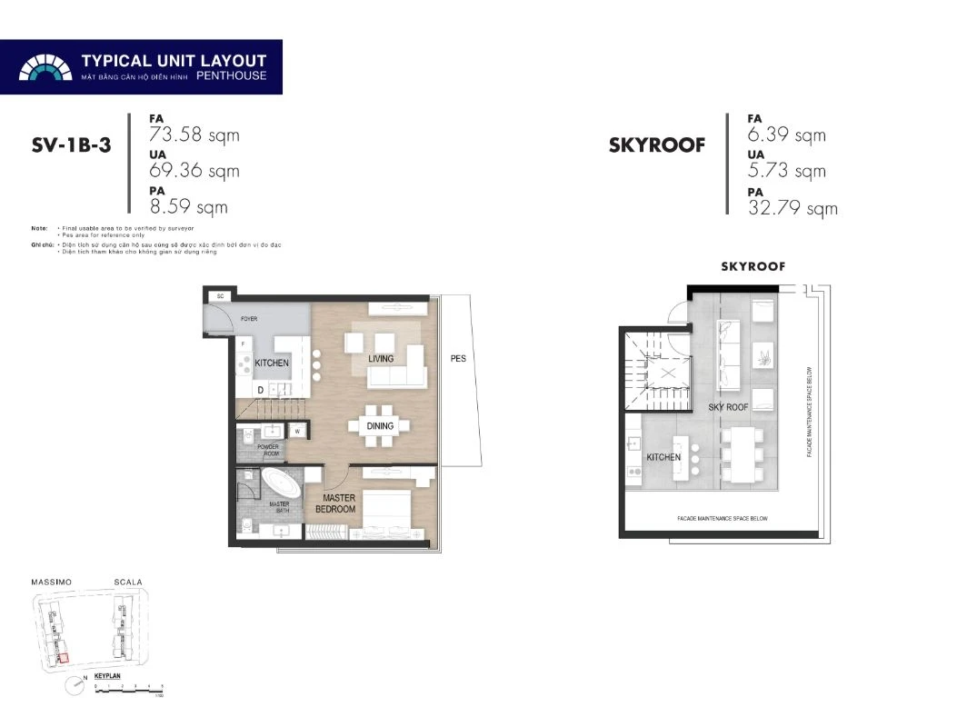 Sơ đồ mặt bằng căn hộ penthouse 1 phòng ngủ SV-1B-3 The Opera Residence