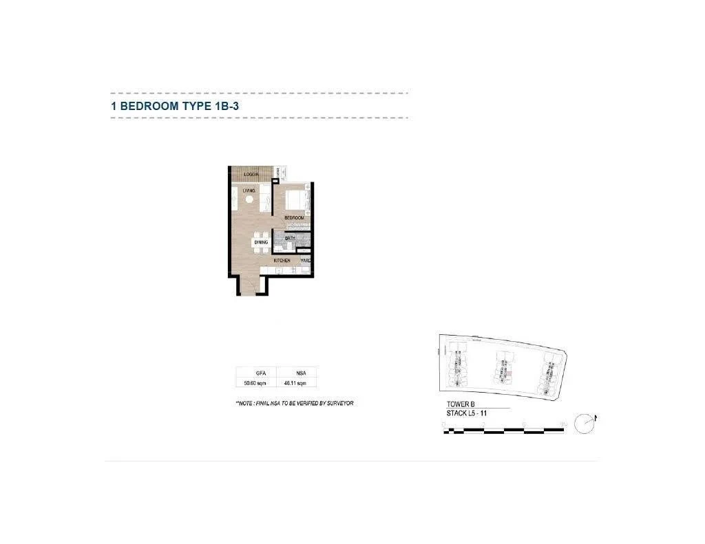 Bản vẽ thiết kế layout căn hộ 1 phòng ngủ Type 1B-3 tại The Galleria Residence
