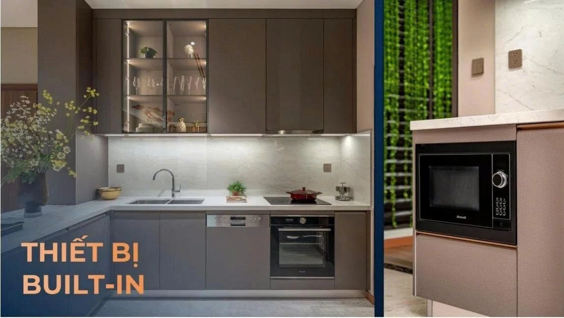 Lò vi sóng âm tủ thương hiệu cao cấp được trang bị sẵn tại bếp căn hộ The Privé
