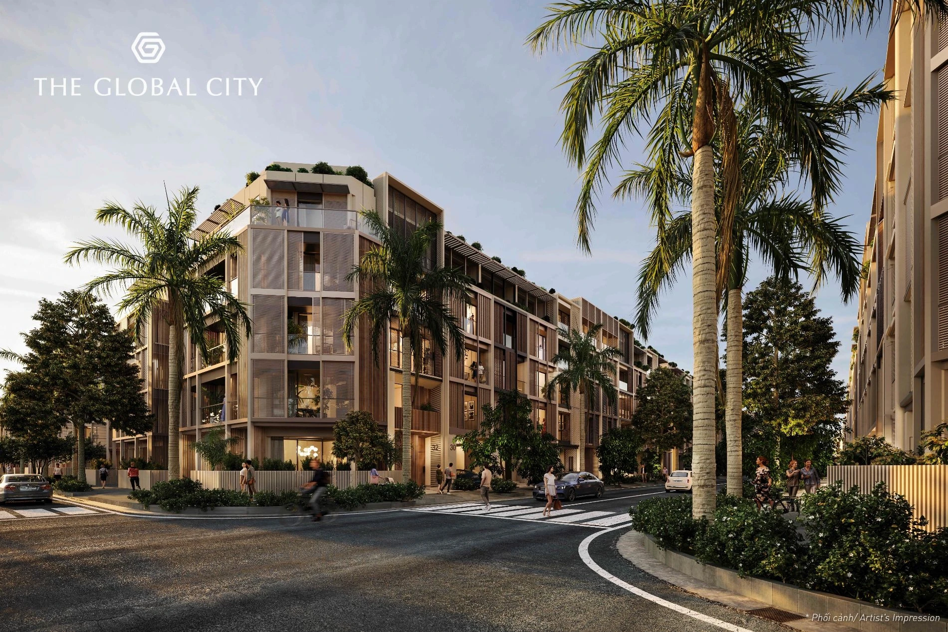 Cảnh quan cây xanh được bố trí hài hòa dọc theo các dãy nhà phố Soho The Global City