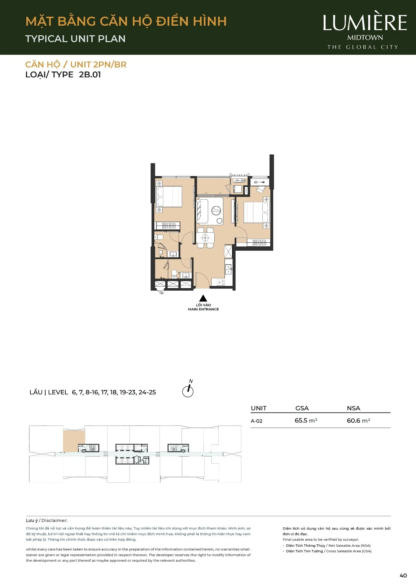 Sơ đồ thiết kế căn hộ 2 phòng ngủ 2B.01 tháp A LUMIÈRE Midtown